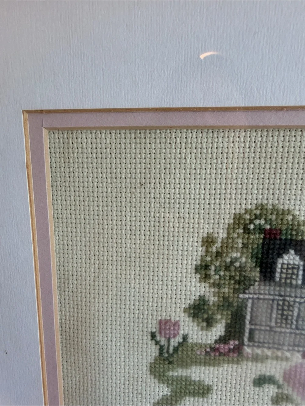 Vintage Framed Pink & Cream Cross-Stitch Welcome